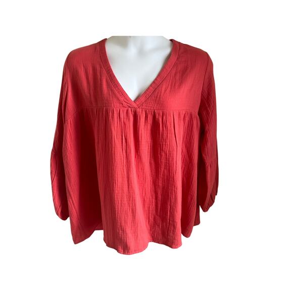 Soft Surroundings Coral Peasant Blouse 1X Cotton Gauze Boho Tunic ‎ Flowy V-Neck - Picture 1 of 6